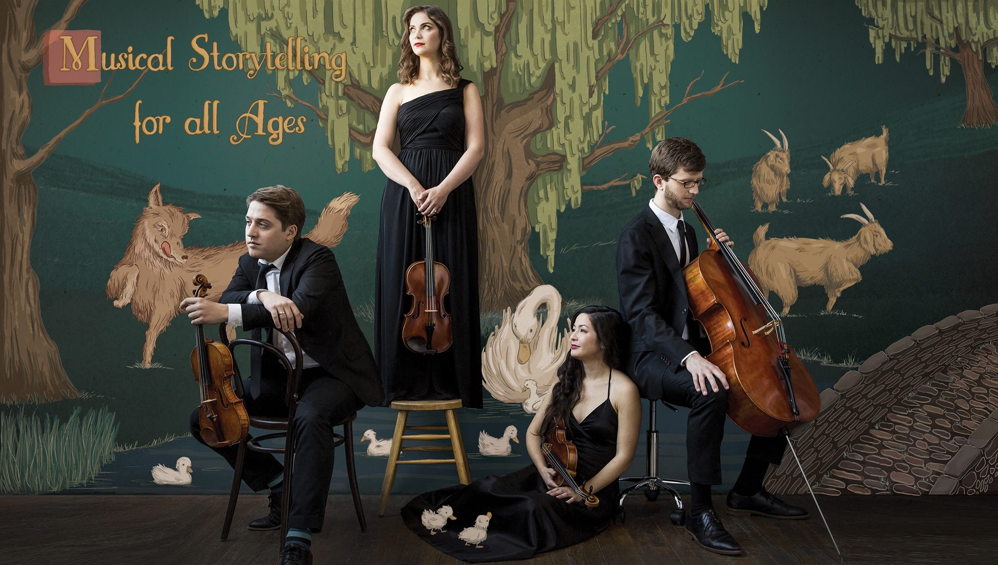 Aeolus Quartet in front of illustrated fables